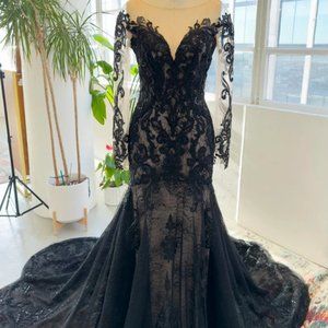 Black Lace Mermaid Wedding Dresses Scoop Long
